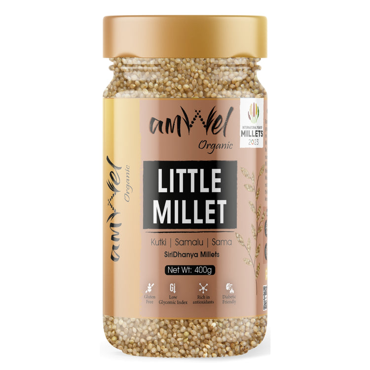 Amwel Organic Little Millet | 400g | Kutki / Shaan / Sama / Moraiya | Siri Dhanya Millets | Positive Millets Raw Unpolished Grain Millet Rice |