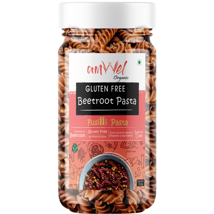 Amwel Organic Gluten Free & Multigrain Beetroot Pasta 220g | Gourmet Instant Pasta | Fusilli Pasta | No Maida No Sooji | Power of Beetroot, Corn, Rice |