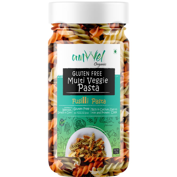 Amwel Organic Gluten Free & Multigrain Multi Veggie Pasta 220g | Gourmet Instant Pasta | Fusilli Pasta | No Maida No Sooji | Beetroot, Spinach & Corn |
