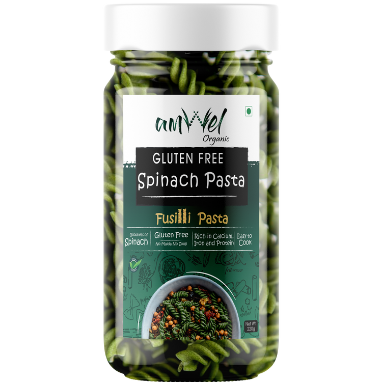 Amwel Organic Gluten Free & Multigrain Spinach Pasta 220g | Gourmet Instant Pasta | Fusilli Pasta | No Maida No Sooji | Power of Spinach, Corn, Rice |